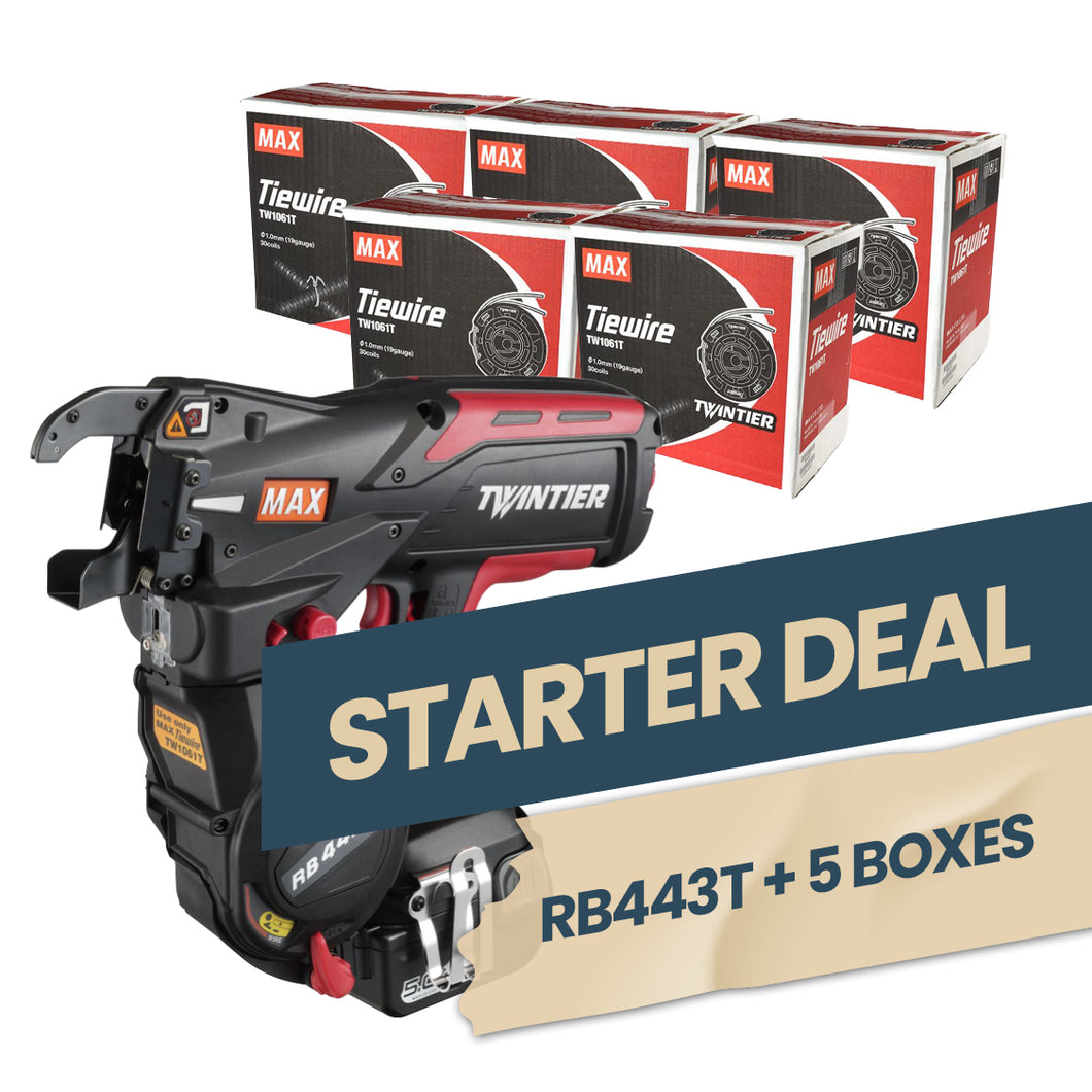 MAX Starter Deal (RB443T Rebar Tying Tool + 5 Boxes of Tie Wire)